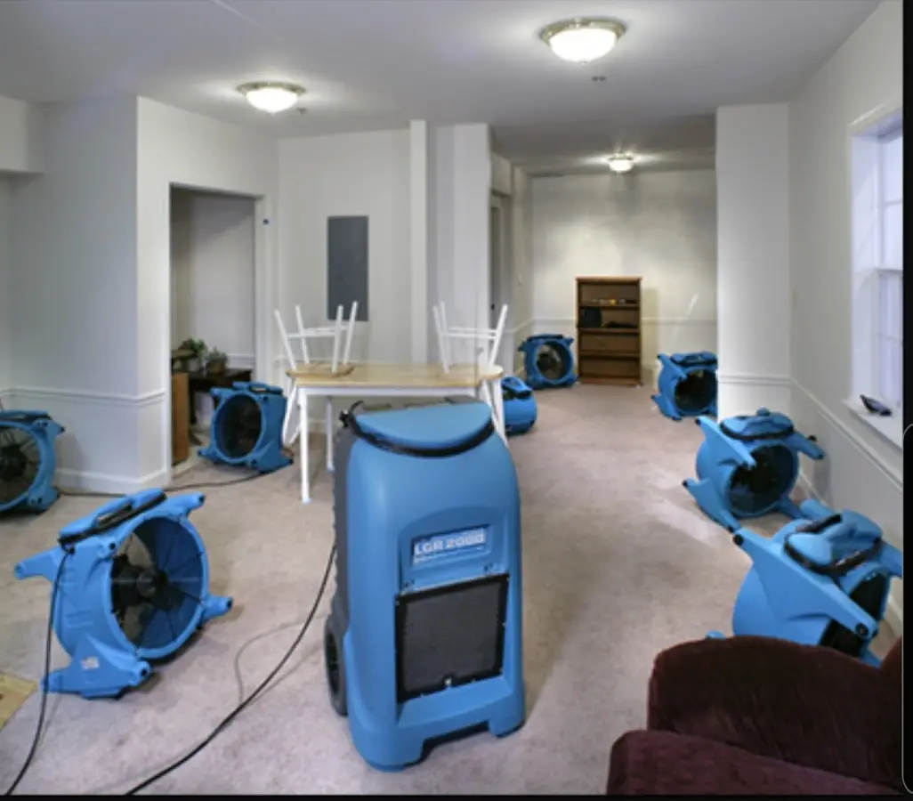 Air movers and dehumidifier setup for Water Damage Restoration in Perkasie